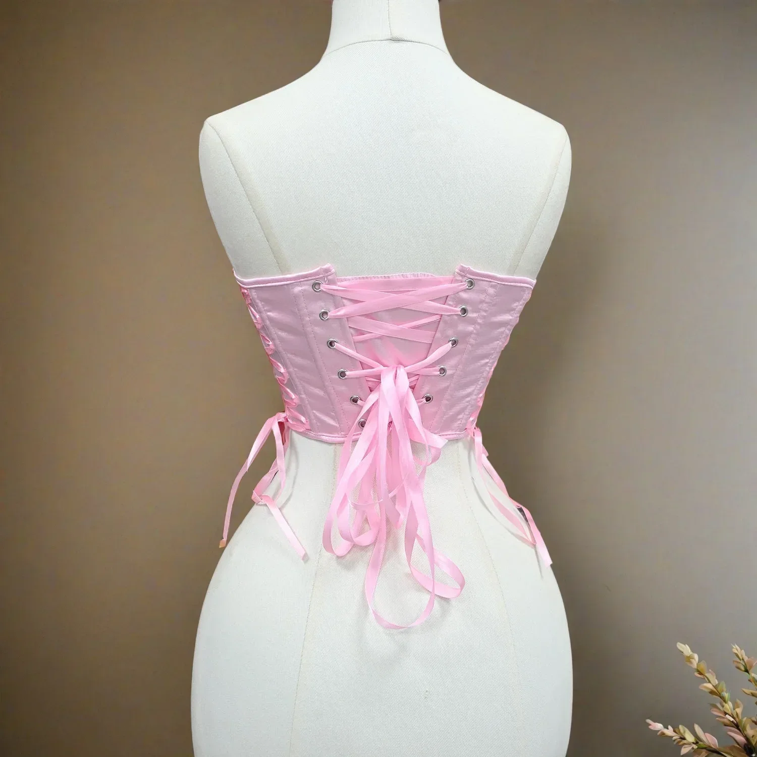 Women Corset Bustier Overbust Lace Up Shaping Vintage Bodice Pink Breast Strapless Crop Tops female Stage Costumes