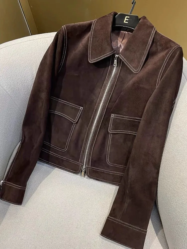 새로운 스타일 패션 정품 가죽 스웨이드 여성 짧은 재킷 지퍼 턴다운 칼라 진짜 양가죽 레트로 코트 오피스 레이디 오버코트