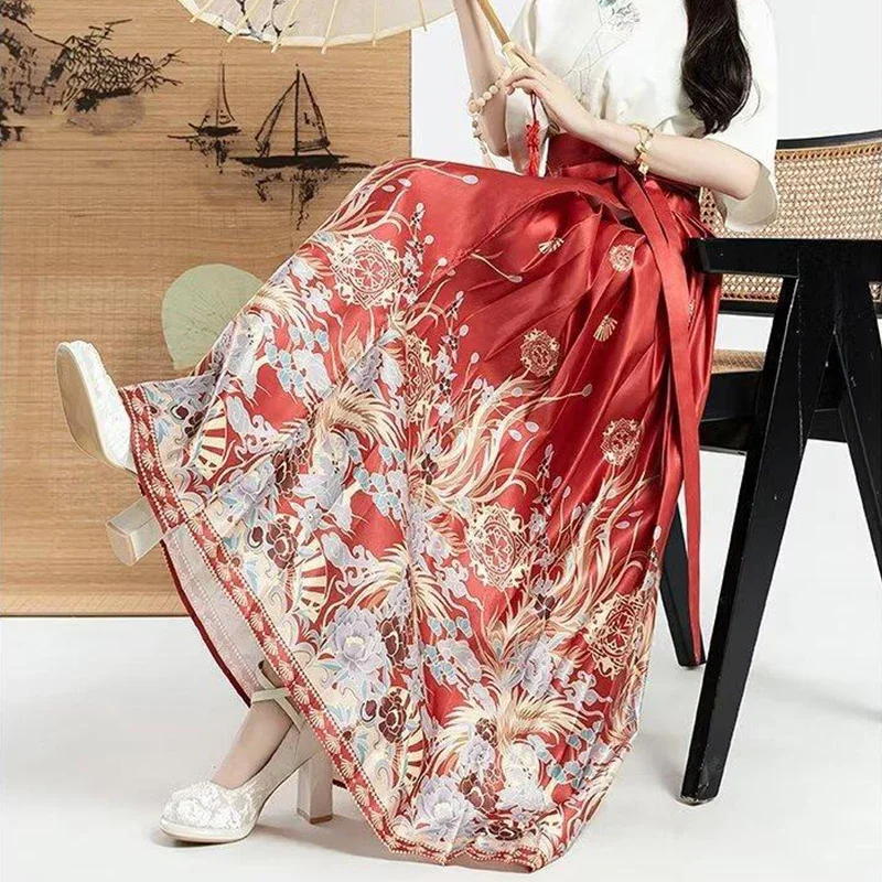 New Chinese Horse Face Skirt Red Floral Waist Tie Pleated Skirt Chinese Style Hanfu Elegant Large Swing Long Half-body Skirt