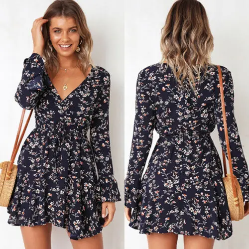 Womens Boho Bloemenprint Jurk Zomer Chiffon V-hals Korte Jurk Zonnejurk Met Riem Voor Zomer Hem Jurken Hot koop S-XL