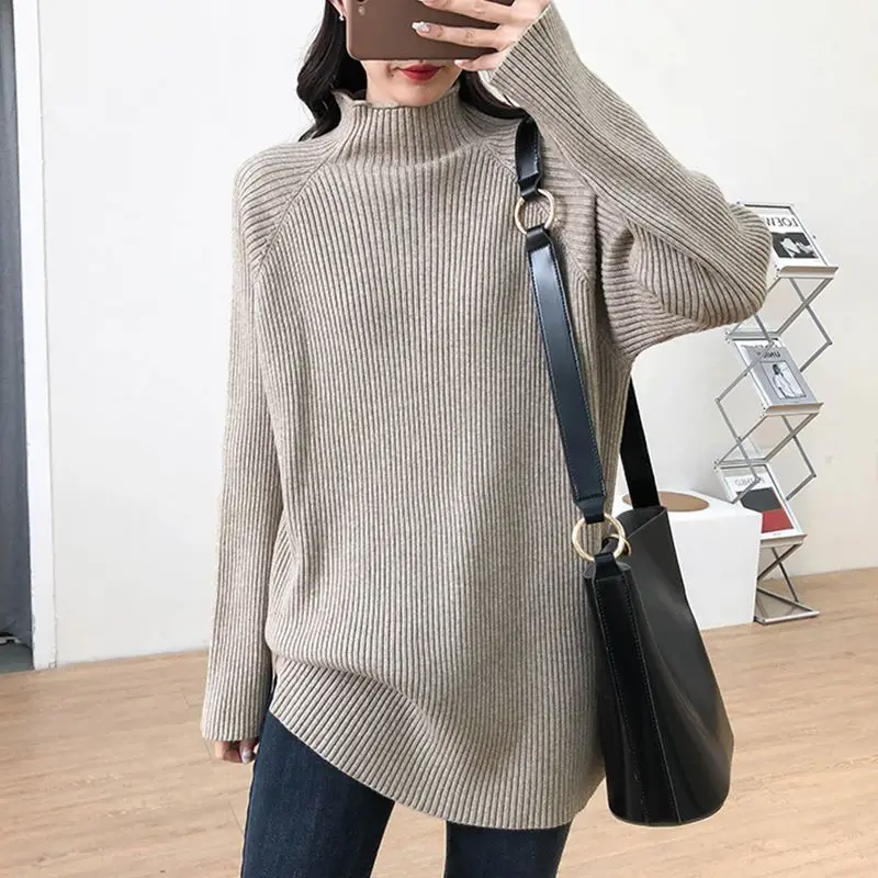 Pullover Female 2023 Mid length Knitted Sweater Women Autumn and Winter New Half High Neck Loose Hip Covering Versatile Sweater