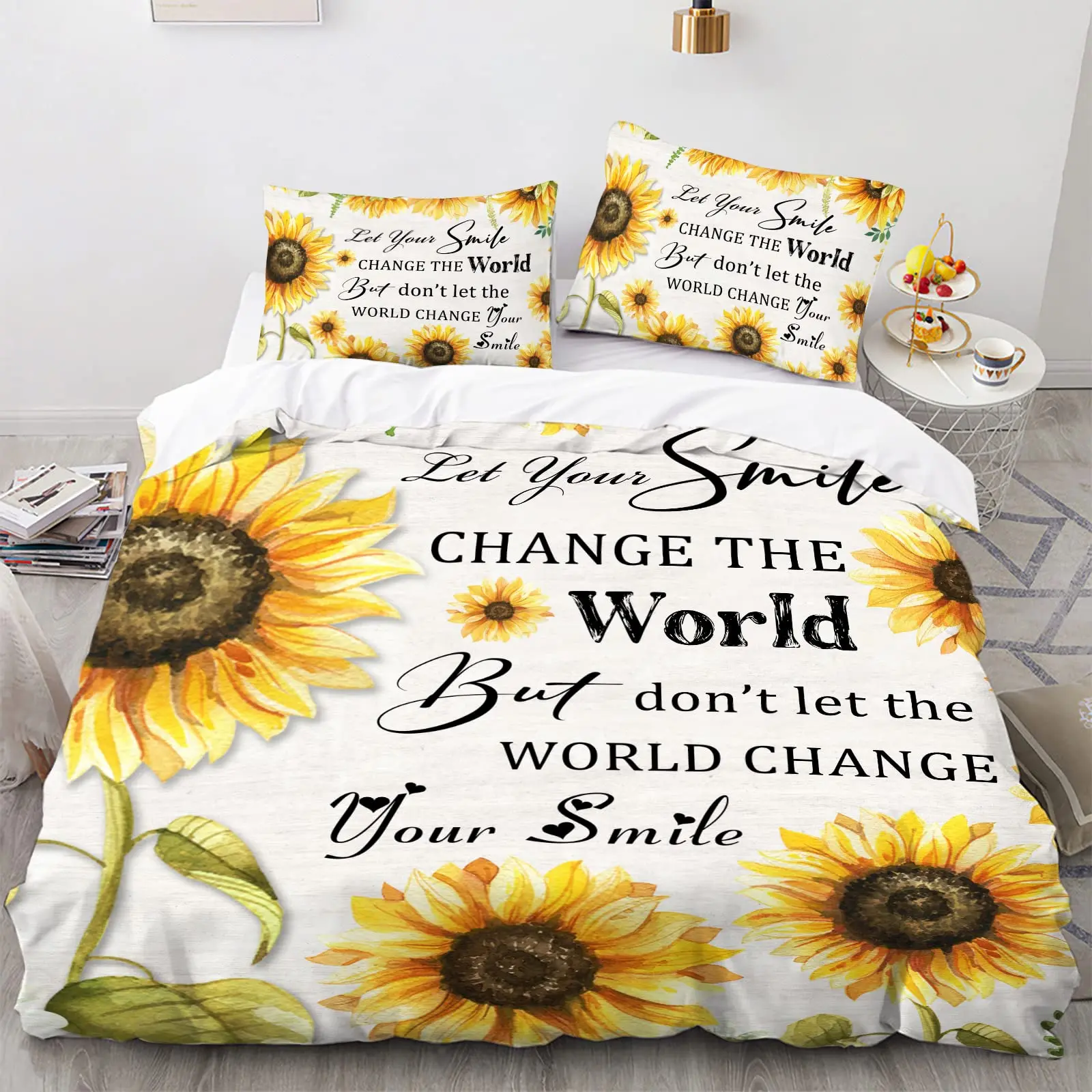 Yellow Flower Duvet Cover Set Sunflower Bedclothes Sunflower Fields with Sunset Printed Botanical Flowers Polyester Bedding Set