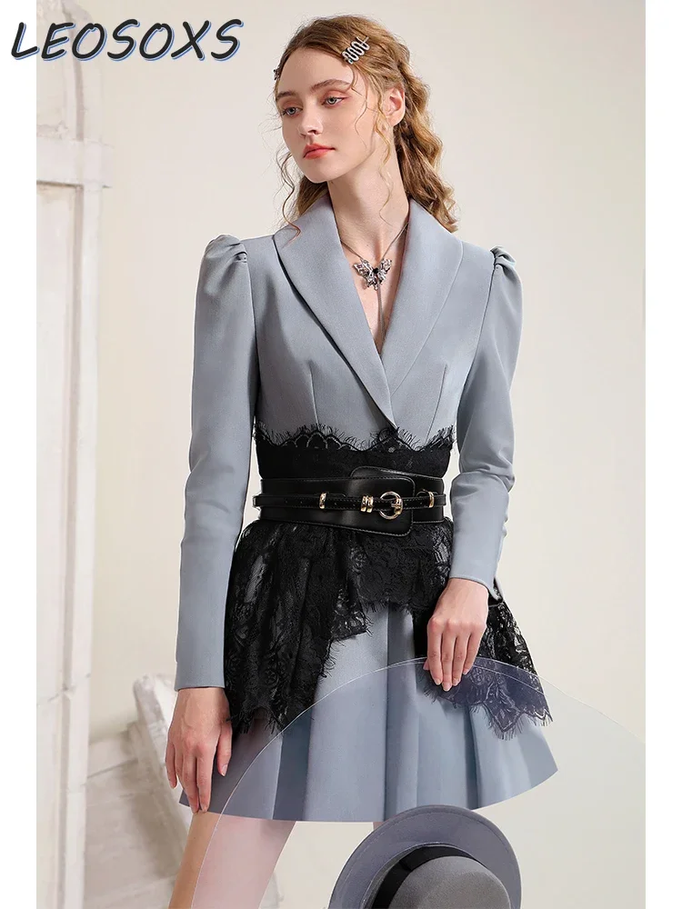 Elegant Slim-Fit Long Sleeve Suit Dress Women\'s Autumn and Winter 2023 Lace Waist Seal Design Professional Commute Gray Dress