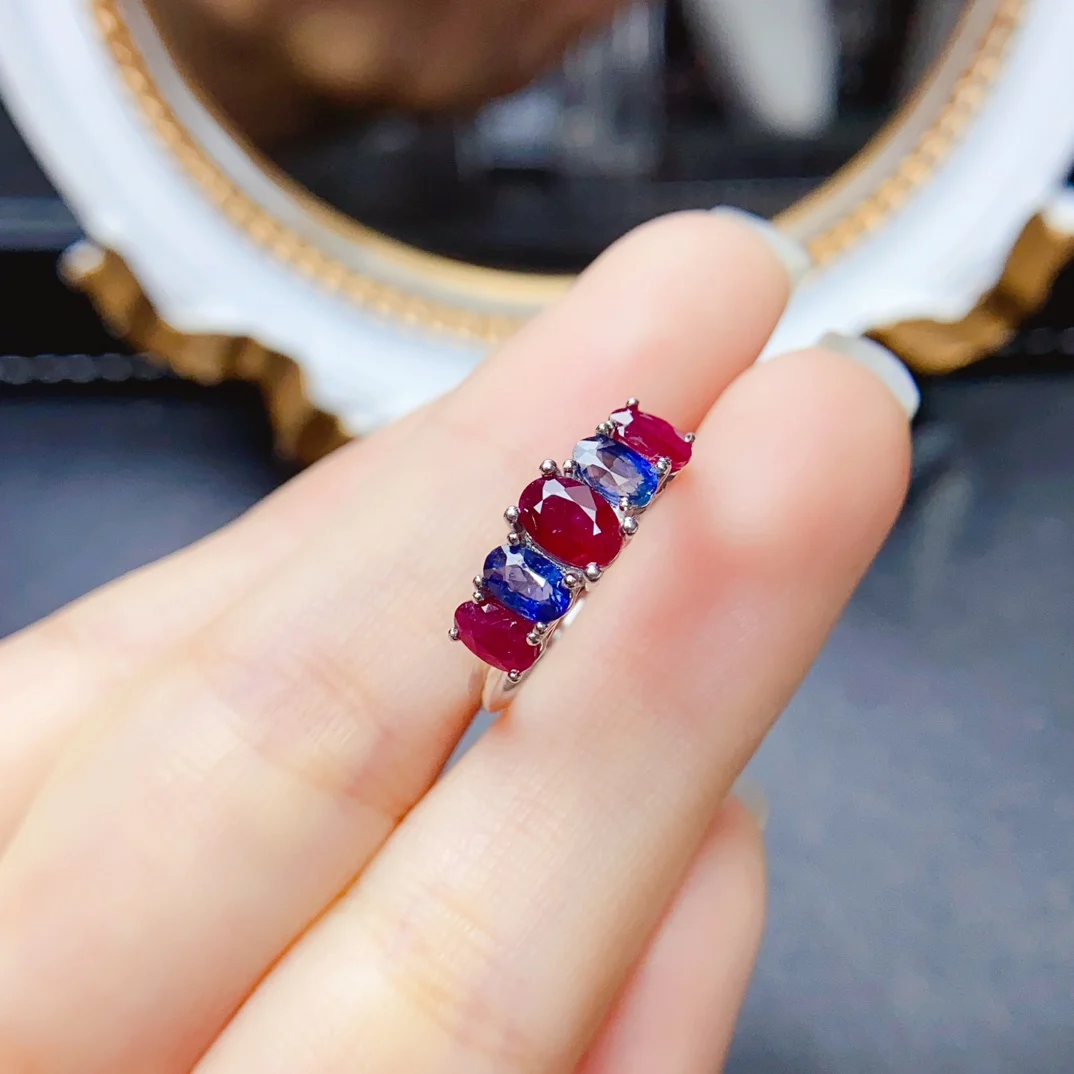 

FS S925 Sterling Silver Inlay 4*6mm Natural Sapphire Ruby Ring for Women Fine Fashion Charm Weddings Jewelry Certificate MeiBaPJ