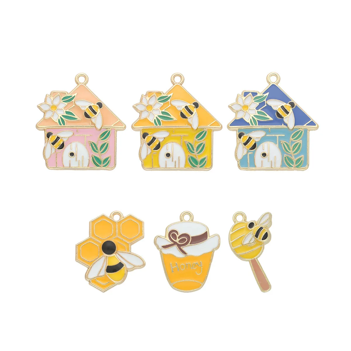 10pcs/Lot Honey Bee House Oil Enamel DIY Charms for Bag Earring Necklace Jewelry Making Handmade Pendant