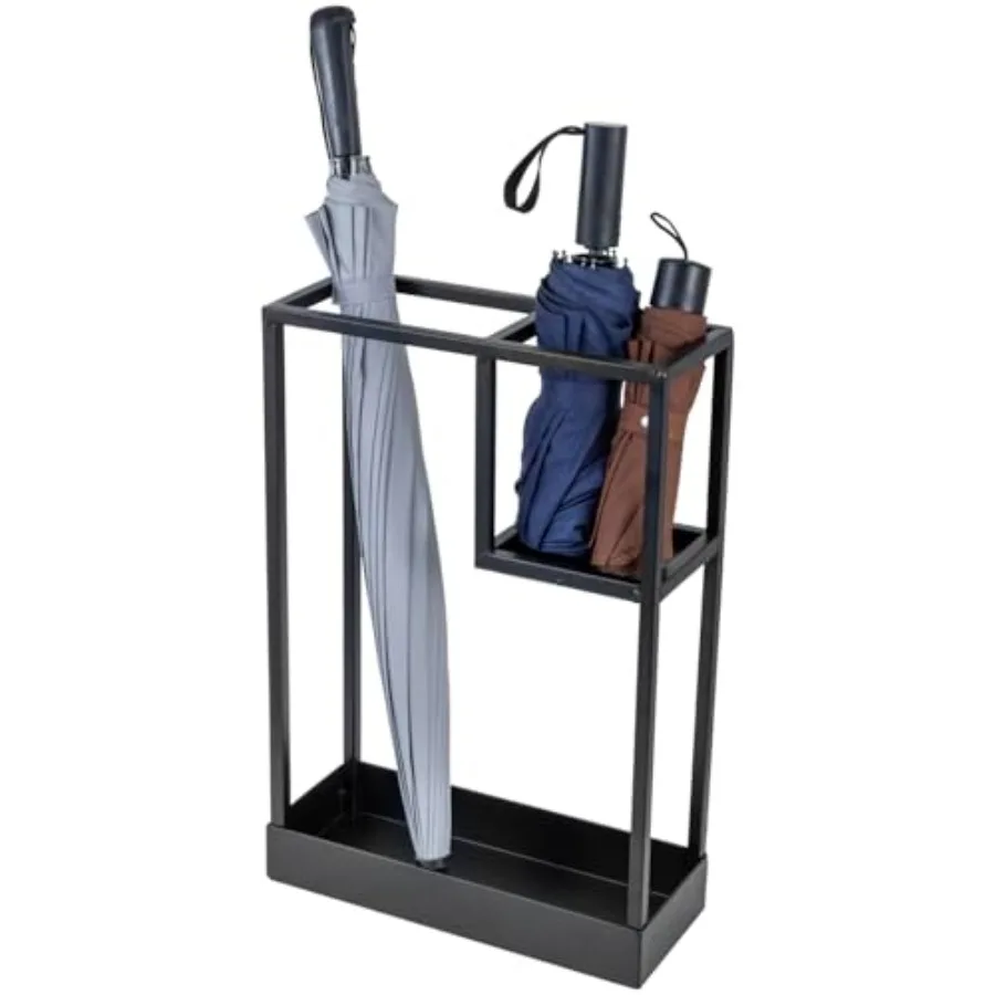 

Modern Black Metal Entryway Umbrella Rack with Geometric Design, 13 x 5-inch Wide Rectangular Freestanding Cane Umbrella Holder