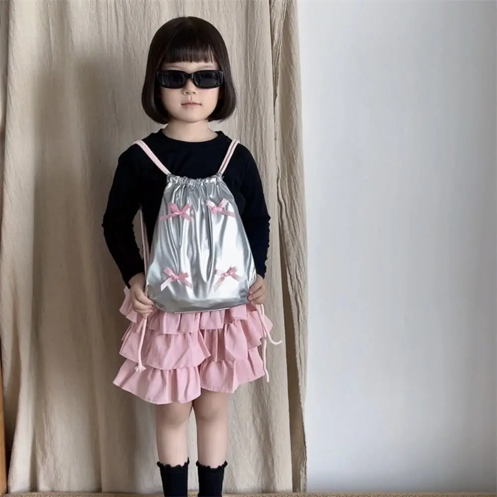 Sweet Korean Style Bow Drawstring Backpack Fold Y2k Nylon Ruched Knapsack Solid Color Large Capacity Children Shoulder Bag Women