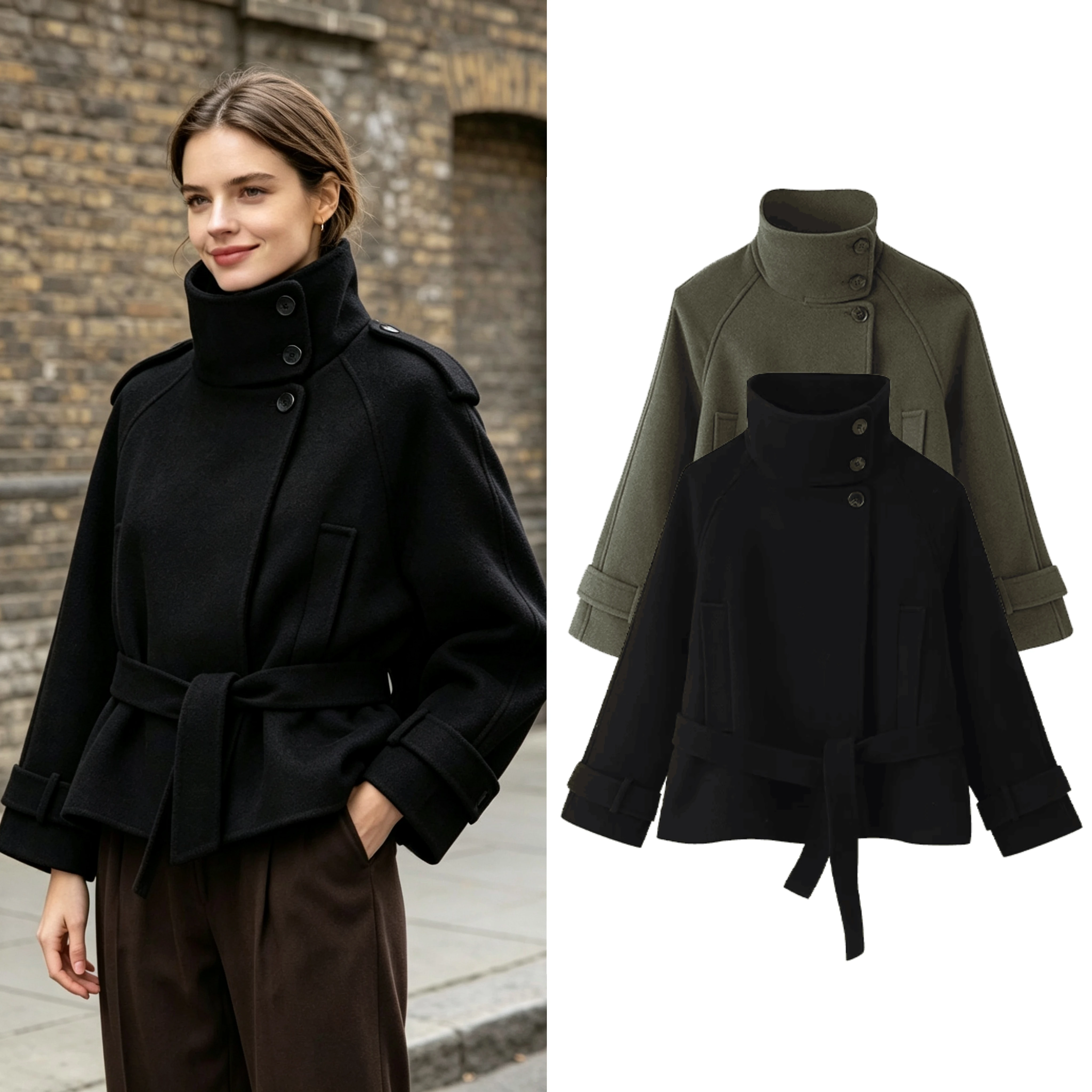 Women's Winter Coat 2026 New Fashion High Neck Long Sleeve With Belt Coats Casual Women Vintage Outerwear Chic Tops