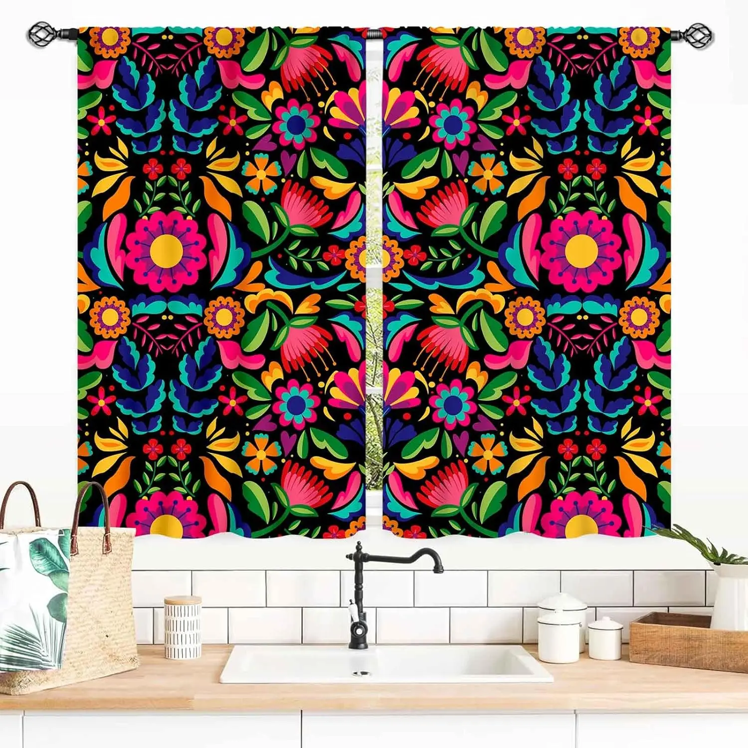 Colorful Curtains,Mexican Floral Traditional Cinco De Mexcian Fiesta Farmhouse Rustic Blackout Window Drapery for Bedroom Living