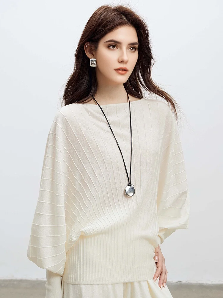 SuyaDream, Pullovers for Woman, 31%Wool, Slash Neck, Bat Sleeved, Chic Sweaters, 2025 Fall Winter Top, White