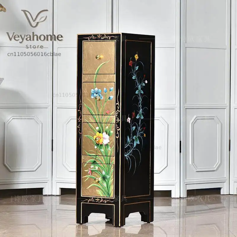 New Chinese gold foil solid wood four-chest cabinet, living room vertical retro painted locker, drawer, porch cabinet