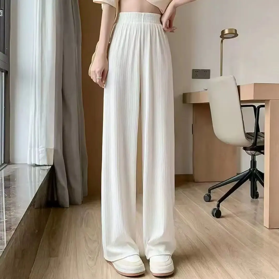 가을 여성 신상품 신축성 있는 허리끈 캐주얼 스트레이트 스포티 캐주얼 와이드 레그 팬츠 솔리드 올매치 기본 바지