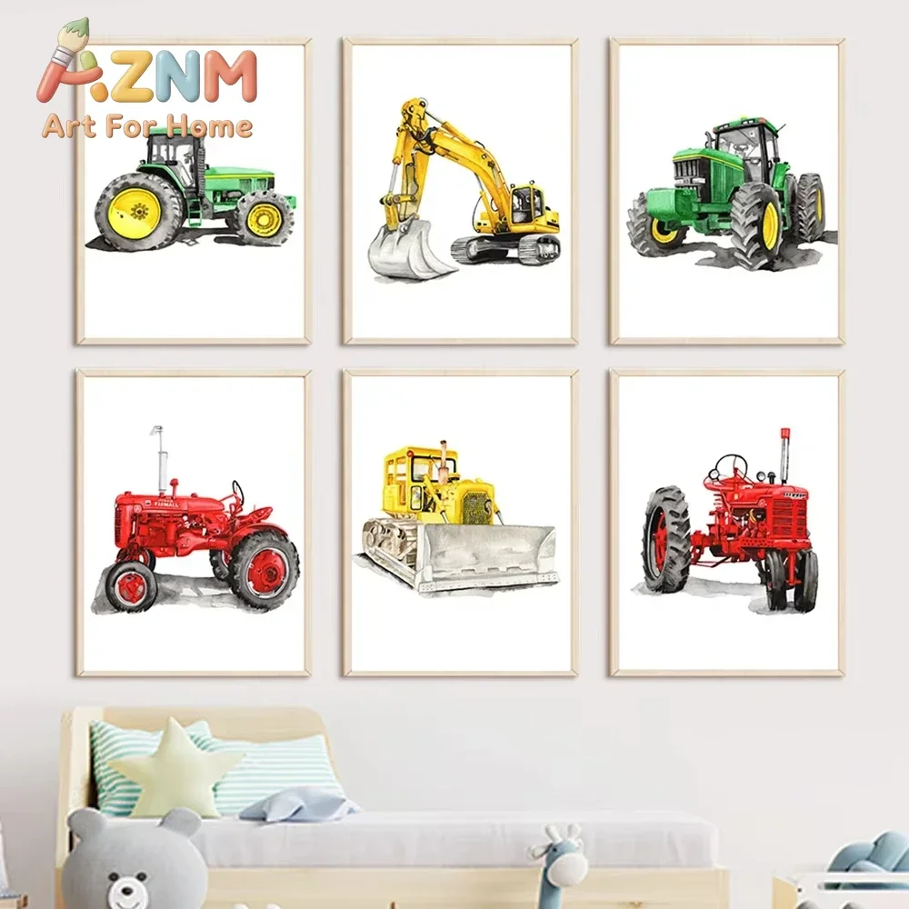 AZNM Watercolor Tractor Excavator Canvas Wall Art Construction Vehicle Truck Cartoon Art Print Unframed Canvas Poster for Boys K