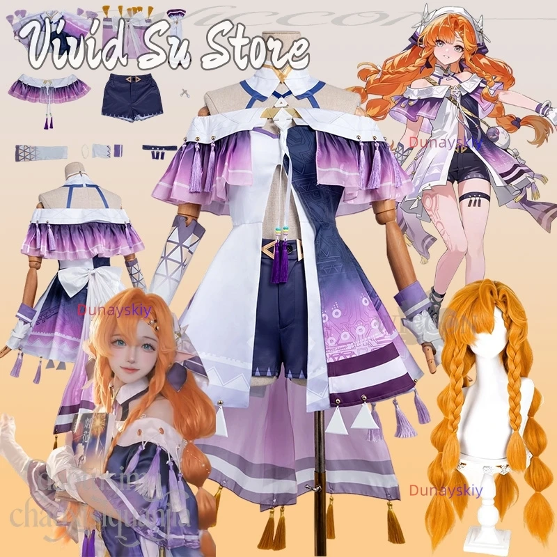 

Костюм SIGRIKA для косплея по игре Wuthering Waves, аниме, сексуальное платье с открытыми плечами, элегантное фиолетовое платье с градиентом, оранжевые парики, косплей на Рождество