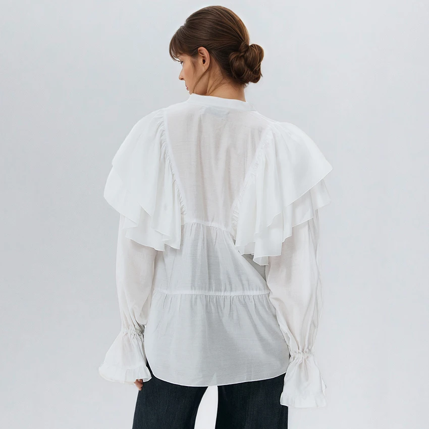 Linad Jesienna Vintage Bluzka z Falbankami Biała Koszula Street Chic Rozkloszowane Rękawy Zapinana na Guziki Elegancka Bluzka Damska z Stójką 2025