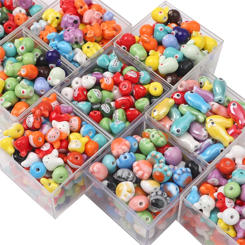10pcs/bag Ceramic Beads Random Mix Color Cat/Rabbit/Elephant Printed Loose Beads DIY Necklace Bracelet Accessories Handmade Bead