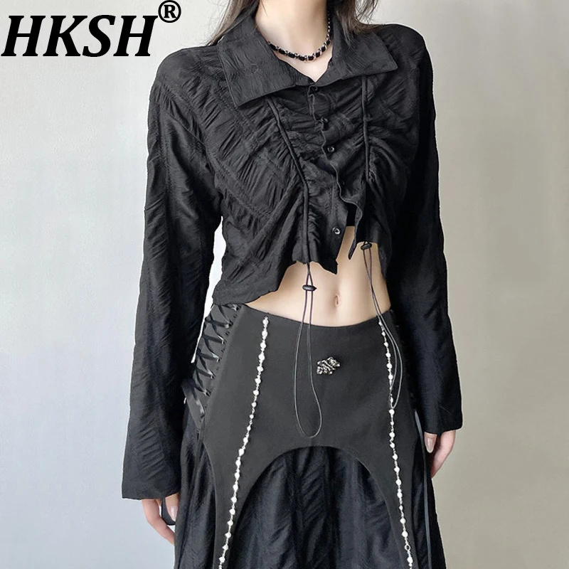 

HKSH Women Chic Shirt Drawstring Pleated Long Sleeve Turn-down Collar Single Breasted Casual Short Top New Spring Summer HK21739