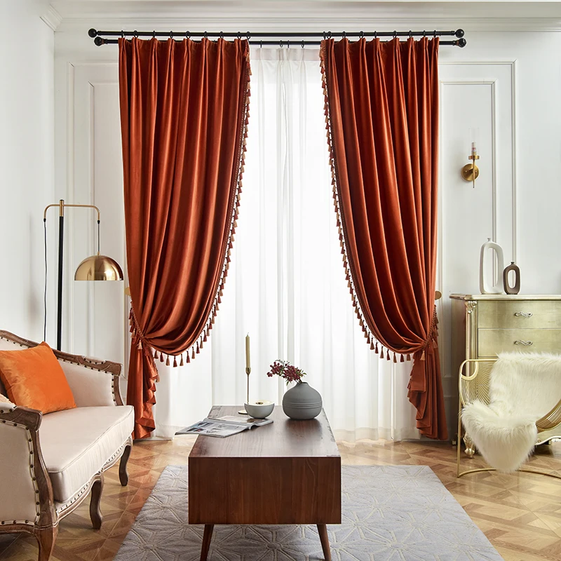 Custom Modern American silk velvet cloth orange shading living room thick cloth blackout curtain tulle drape C1872