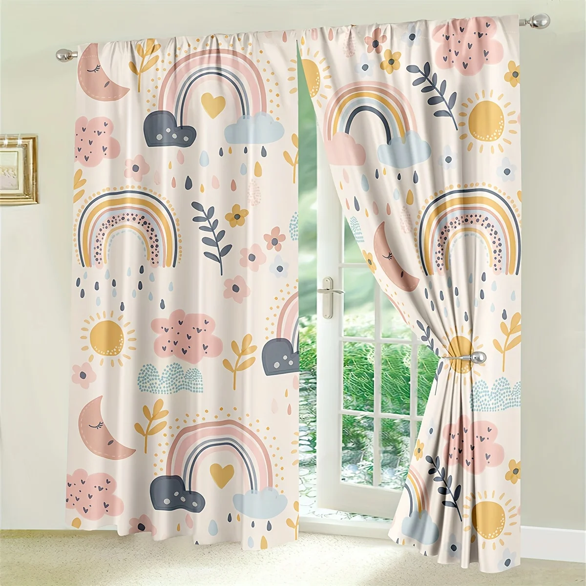 Pastel Rainbow Cloud Nursery Curtains Boho Kids Room Window Drapes Whimsical Baby Shower Decor for Children Bedroom