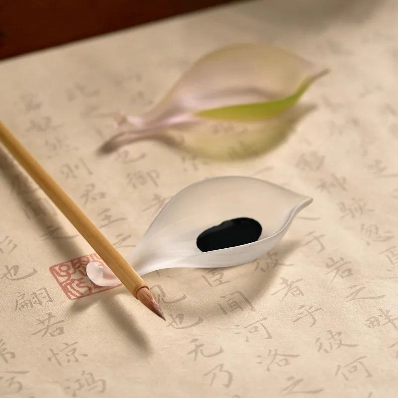 Liuli Leaf Ink Stone & Brush Rest - Handmade Ancient Art Glass Dish for Calligraphy, Creative Chinese Scholar Desk Kits