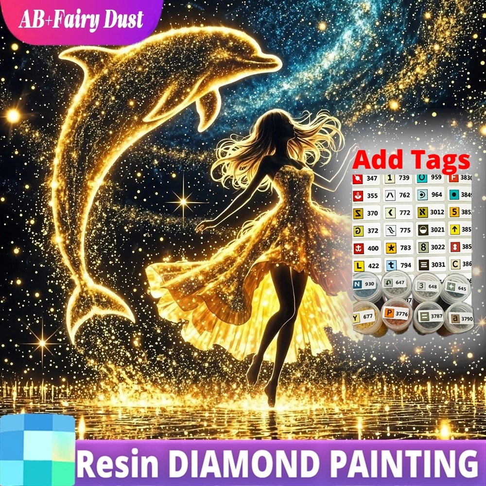 

Resin Fairy Dust AB DIY Diamond Painting Girl 5D Full Drill Mosaic Dolphin Animal Embroidery Portrait Crafts Supplies Adults Hom