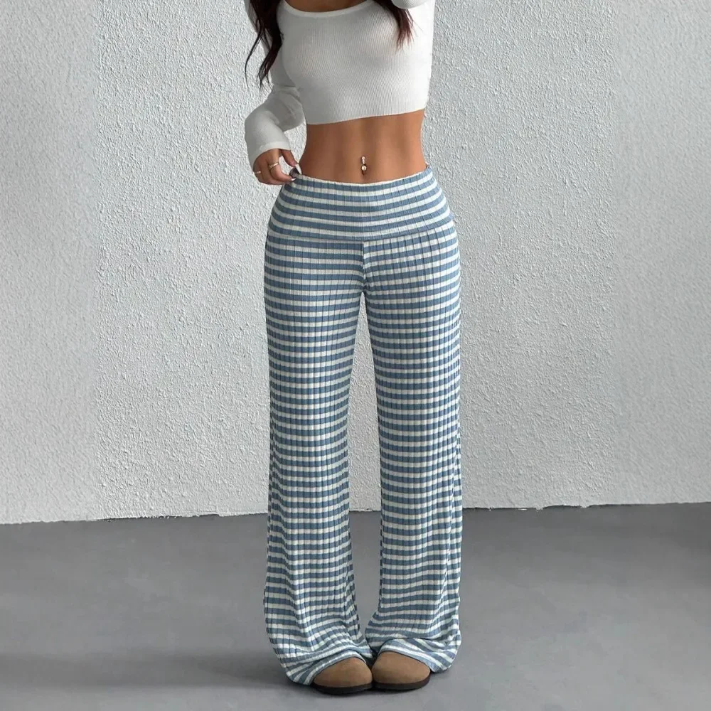 Women Autumn Winter Striped Straight Leg Pants Loose Casual Trousers All Match European Style Ladies Long Bottoms