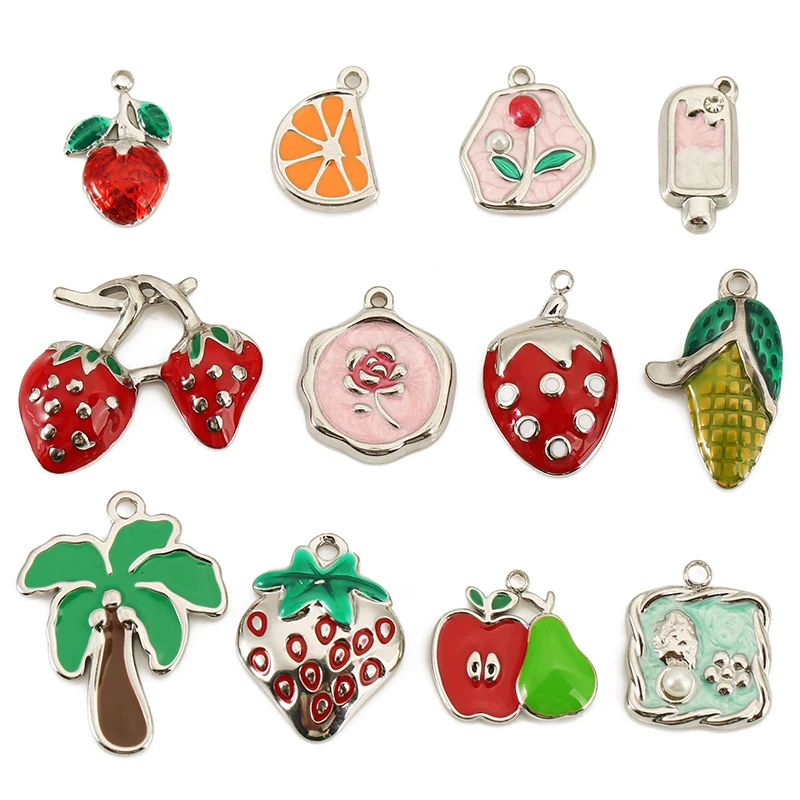 4pcs Stainless Steel Enamel Strawberry Lemon Pear Corn Charm Fruits Pendant for DIY Necklace Bracelet Jewelry Making Accessories
