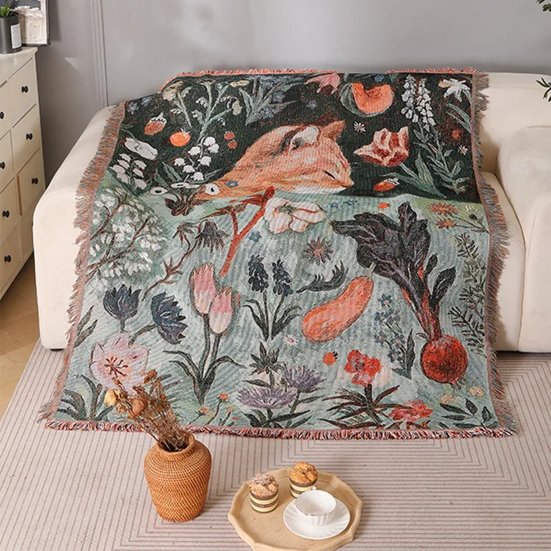 Cartoon Cat Vintage Knitted Cotton Yarn Throw Blanket, Retro Oil Painting Tassel Bed Couch Cover, Decorative Soft Single Blanket