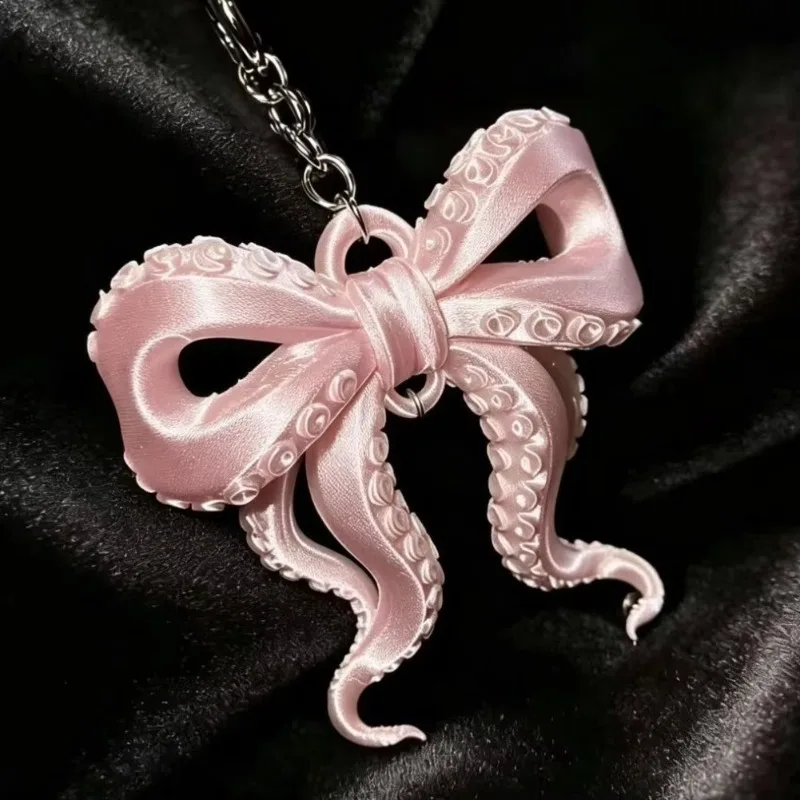 3D Printed Fashion Octopus Tentacle Bow Keychain Pink Fashion Bag Pendant Phone Charm Chain Women Key Ring Unique Creative Gift