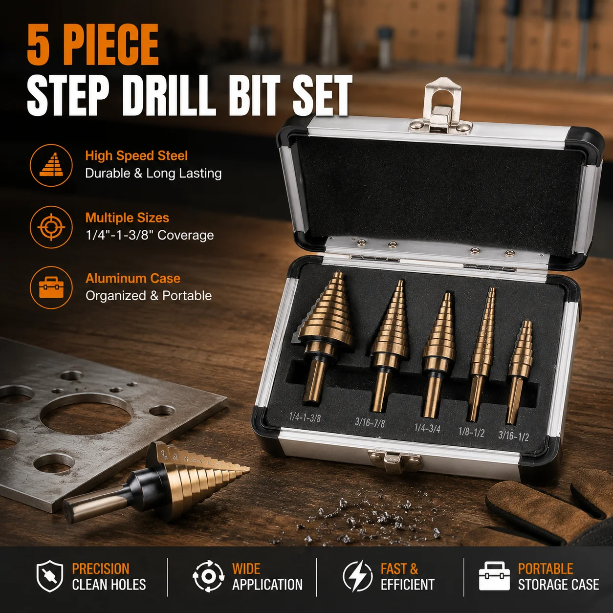

Hss Cobalt Step Drill Bit Set 5Pcs Multiple 50 Sizes Conical Hole Cutters Industrial Titanium Coated Carbide Drill Bits Triangle Shank Punching Tools for Stainless Steel Iron Sheet Metal Wood Drilling