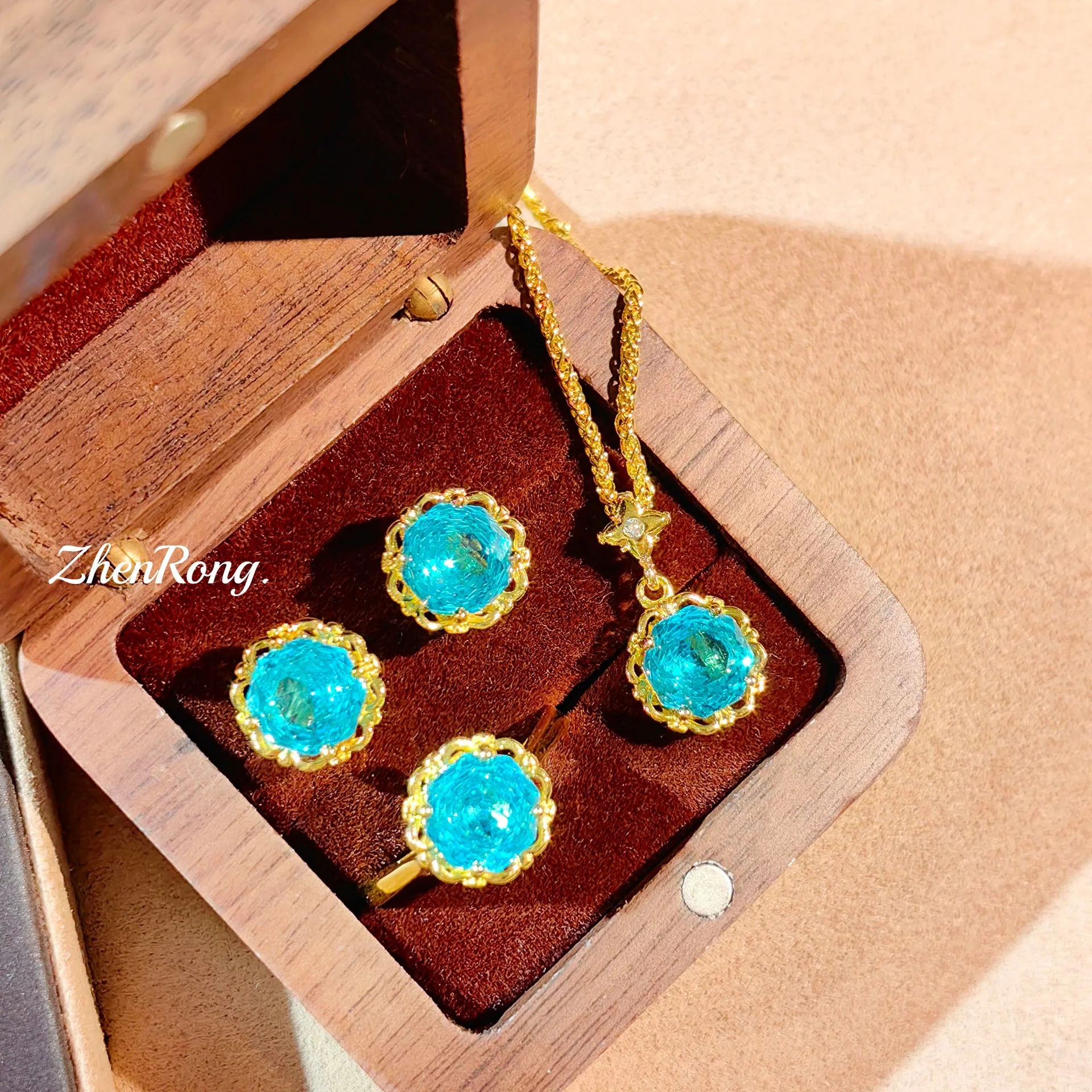 S925 sterling silver stud earrings, necklace set, new colorful treasure stud earrings, women's