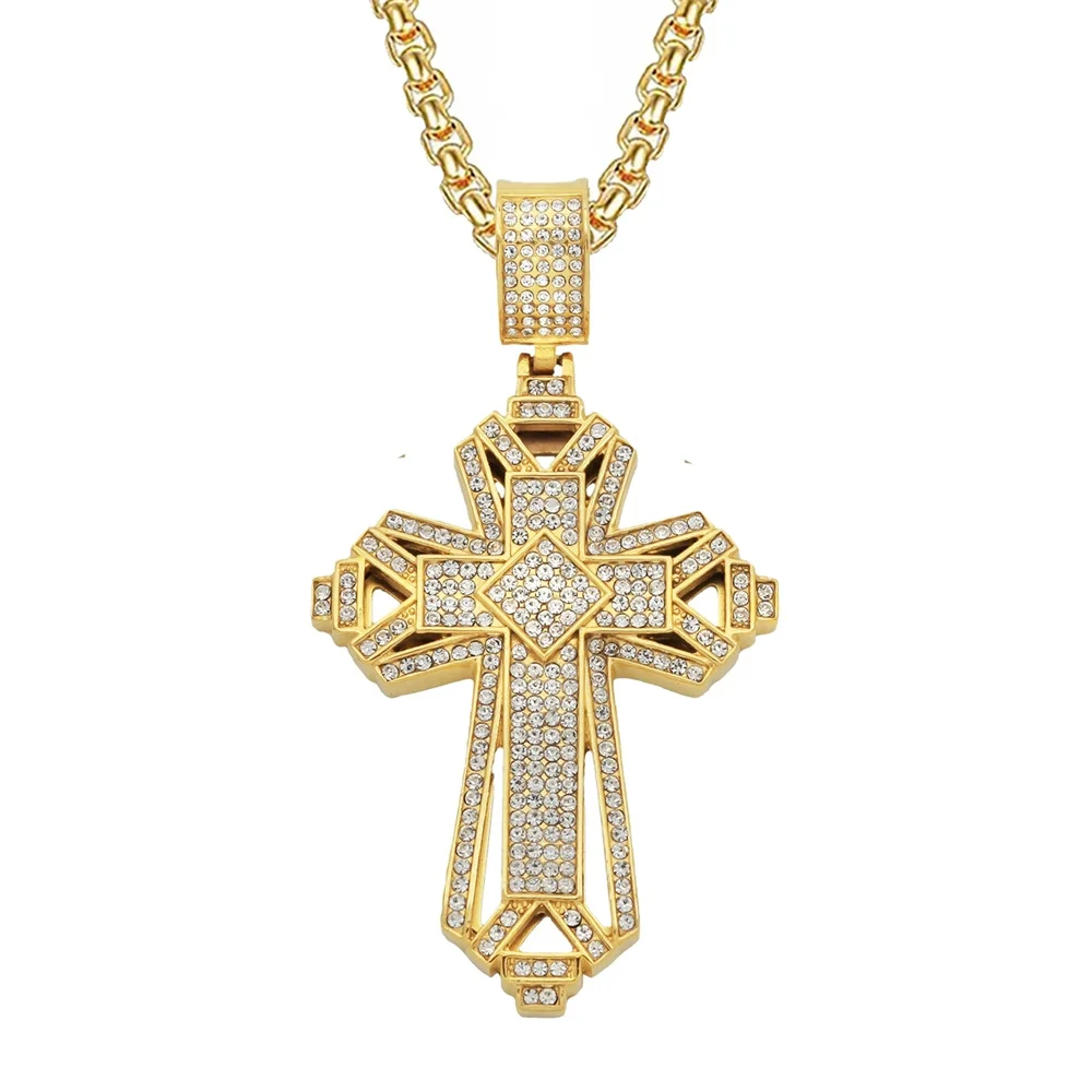 Hip Hop Big Jesus Cross Pendant Wholesale Male Gold Color Stainless Steel Christ Cross Necklace for Men Religious Jewelry Gift