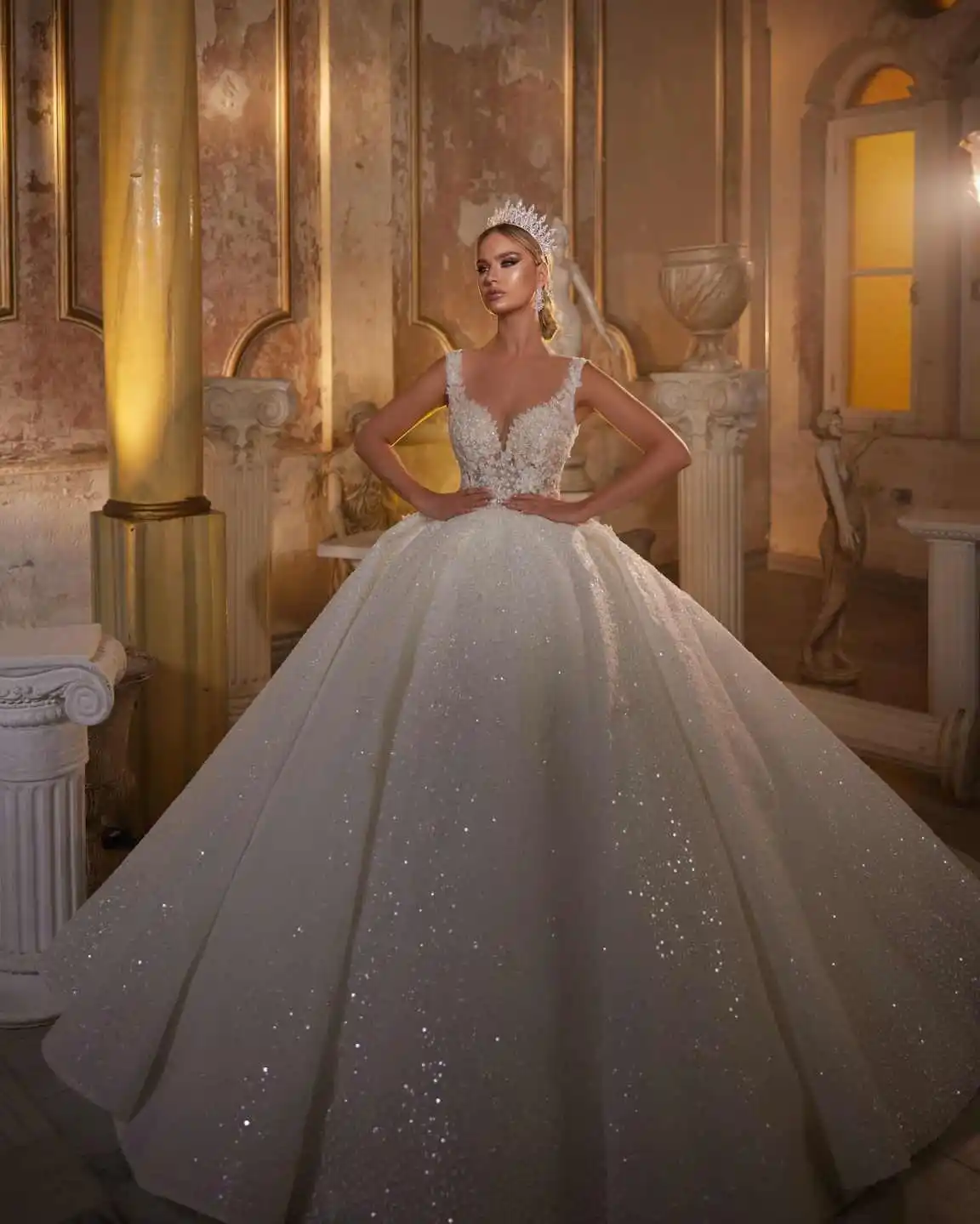 Arabic Dubai Ball Gown Wedding Dress Princess Women Sequins Sparkly Bride Robe Puffy Bridal Gowns Customized