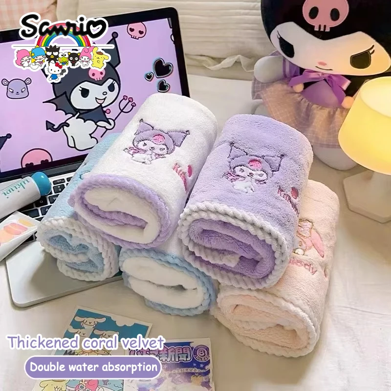 75*35Cm Sanrio Cinnamoroll Coral Fleece Towel Kuromi Melody Cartoon Absorbent Face Wash Bath Dry Hair Towel Fitness Sport Gifts