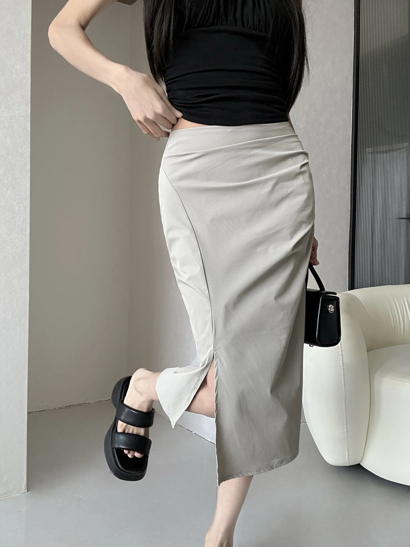 MianCun Dieranxi Miss mid Waist Diagonal Slit Base Layer Half Skirt Women Spring Summer Wrap Hip mid Length Skirt