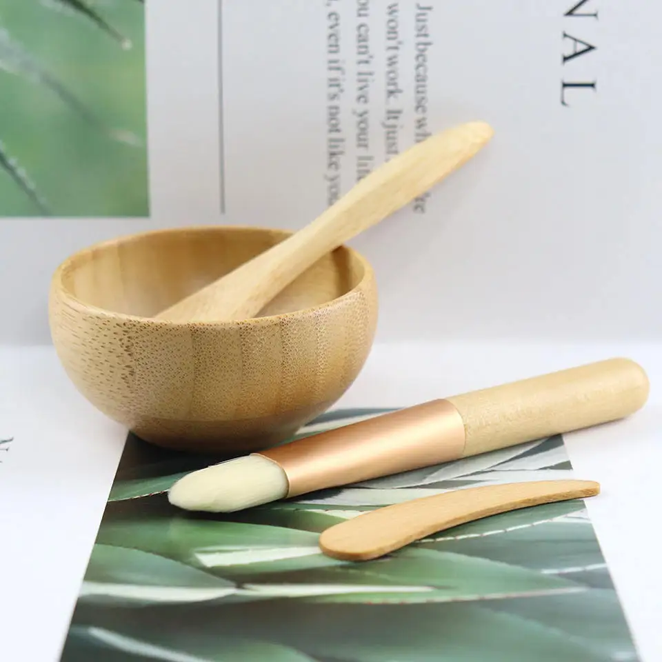 1Pcs Natural Bamboo Make Up Bowls Set with Spoon and Spatual and Brush Wooden Bamboo Lipgloss Mask Clay Face Care Tool for Women