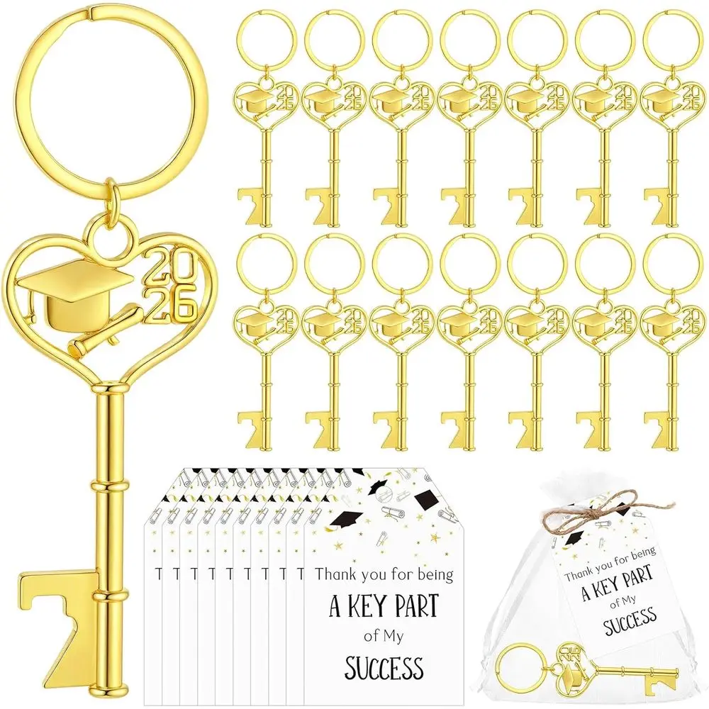 

2026 Graduation Bottle Opener Keychains, Thank You Cards, and Organza Bags for Class of 2026 College Party Supplies - Gold