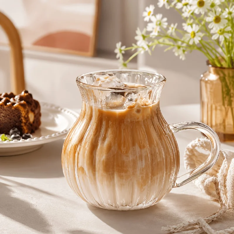 1/2PCS Ribbed Glass Coffee Mug with Handle Vertical Stripe Clear Tea Cup Latte Mug Drinkware for Kitchen Home Office Cafe Bar