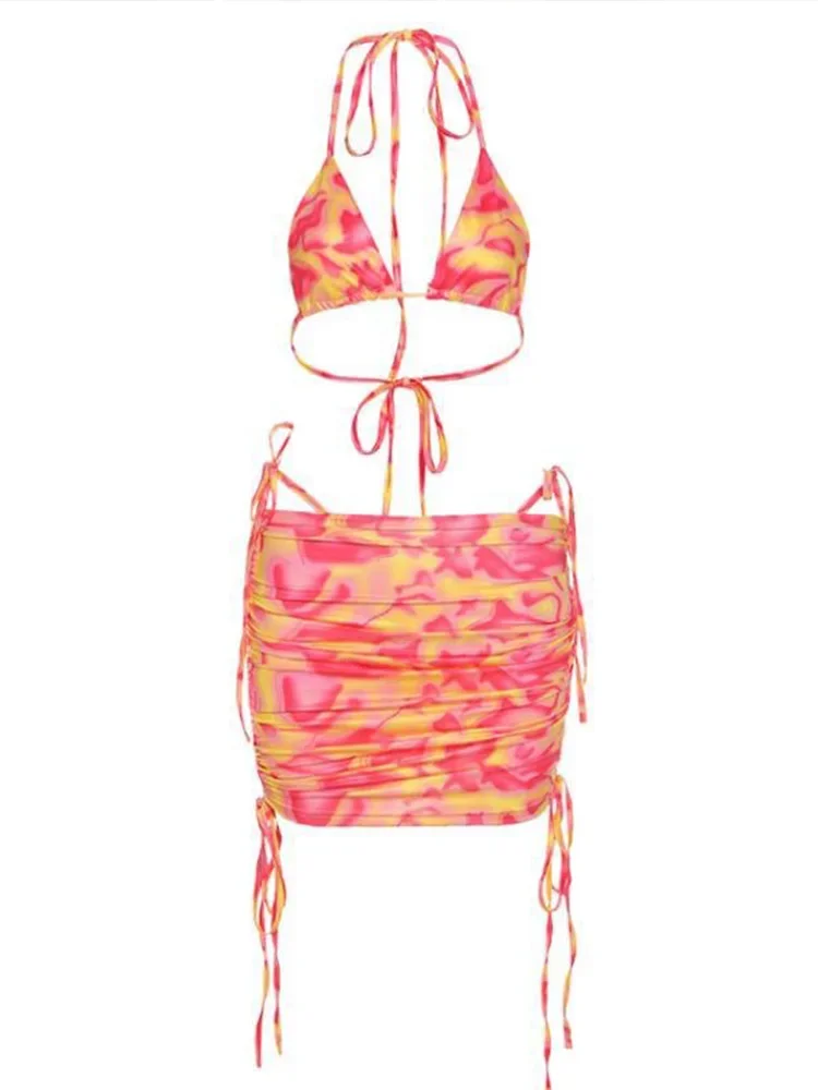 Seksowne bikini tie-dye, spódniczki, 3-częściowy zestaw damski, dzielony strój kąpielowy, odkryte plecy, sznurowane bikini w stylu wakacyjnym, nowy zestaw bikini na lato 2024