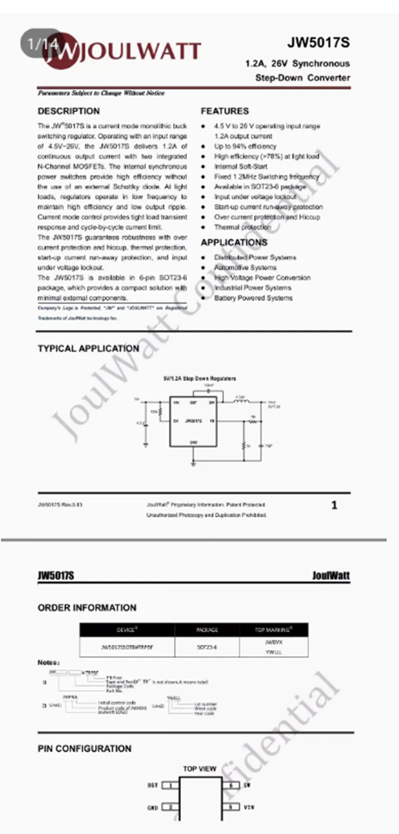 10PCS JW5017S JWJOULWATT 1.2A 4.5-26V 1.2MHZ SOT23-6 synchronous voltage reduction