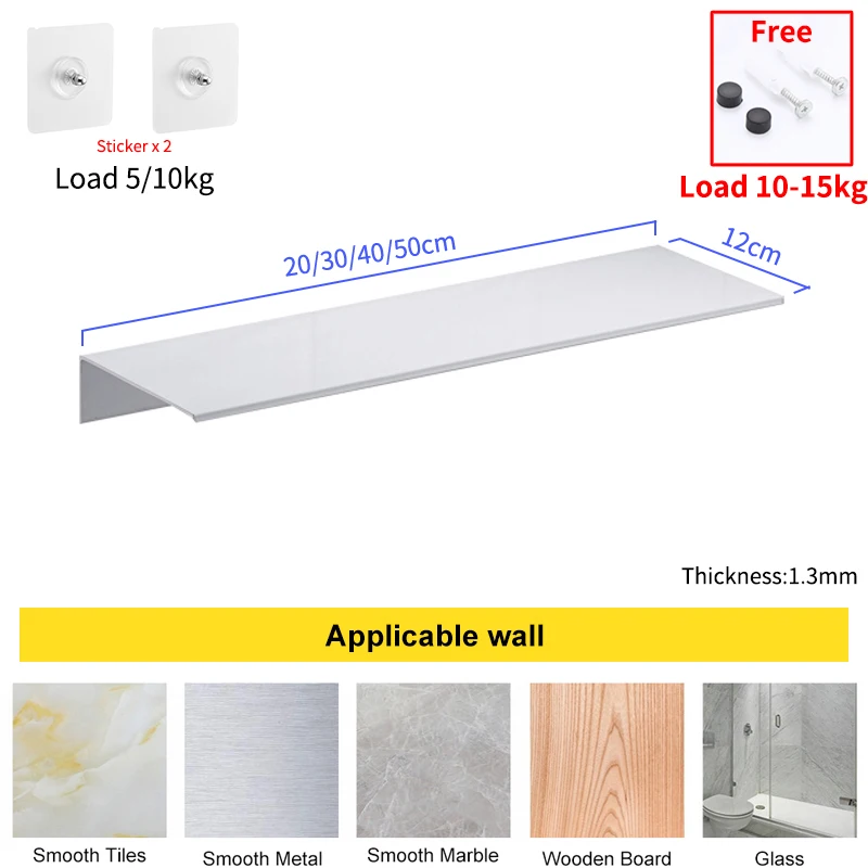 White 200-500MM Aluminum Wall Mounted Type Single Tier Multipurpose Bathroom Kitchen Shower Room Toilet Accessories Shelves Rack