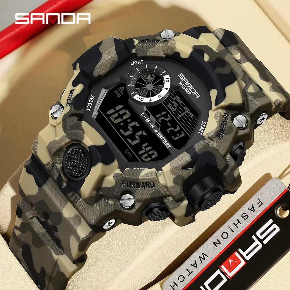 SANDA 2183 Electronic Watch Fashion Military Camo Waterproof Outdoors Sports Digital Display Silicone Strap Wristwatchs for Men