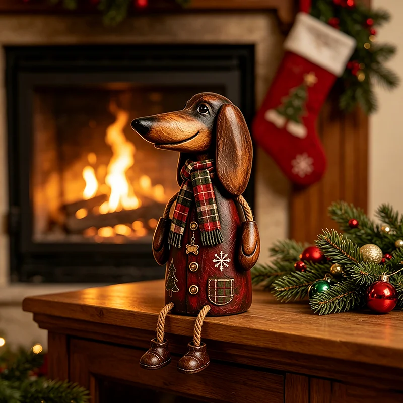 New Christmas 15cm Dachshund Resin Figurine Hand Painted Plaid Scarf Puppy Statue Tabletop Ornament Holiday Home Desktop Decor