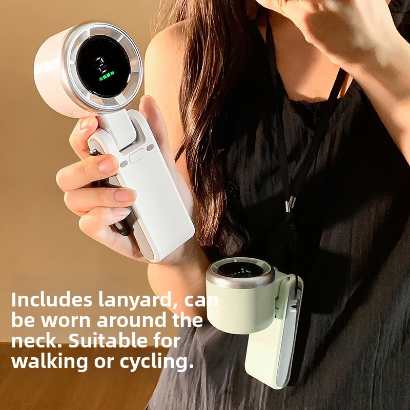 Type-C Charge Handheld Turbo Fan Compact Personal Air Blower with Lanyard LED Display Mini Foldable 5 Speed Levels Cooling Fan