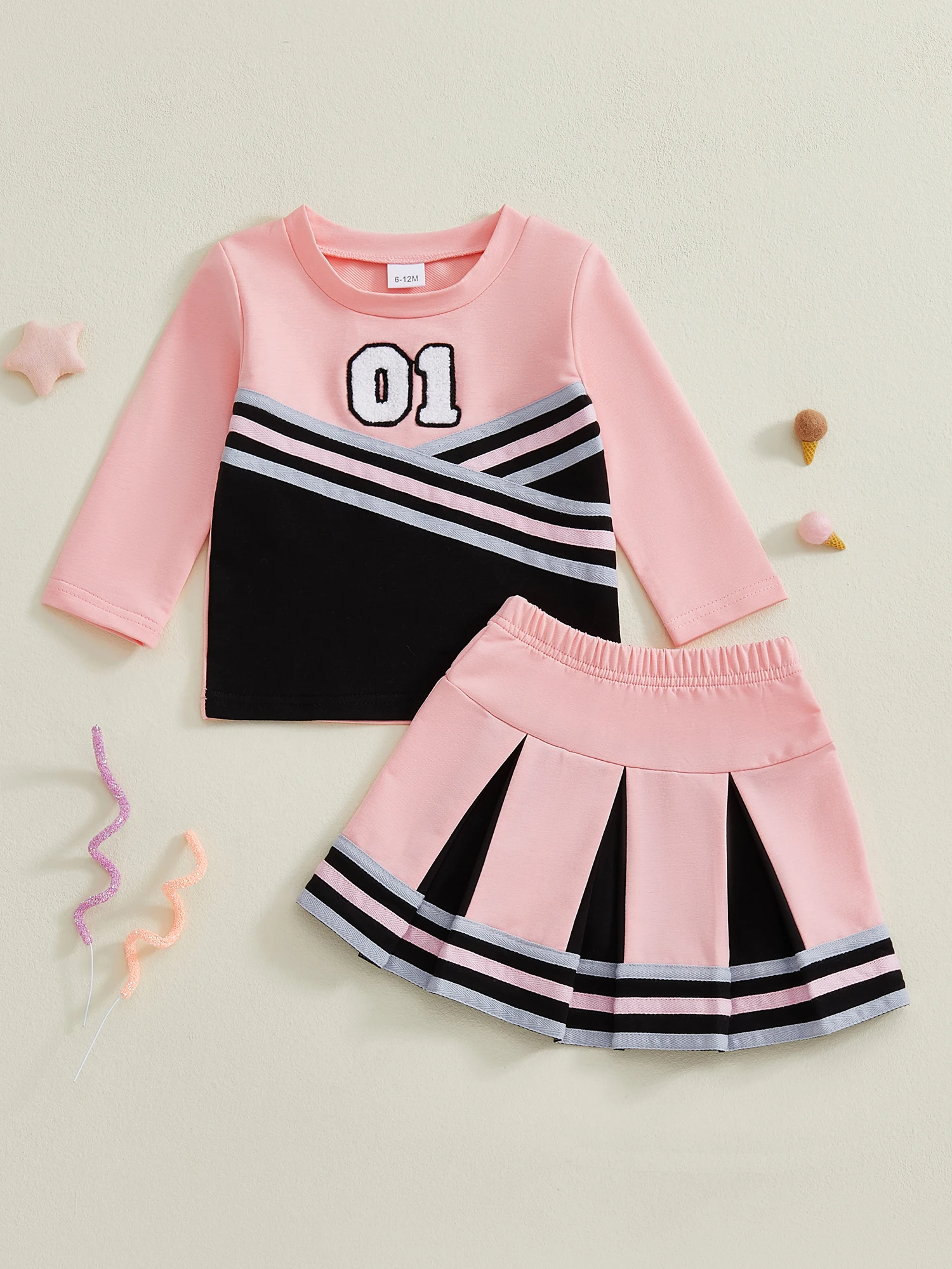 

Girls 2PCS Cheerleader Costume Set with Long Sleeve O Neck Top and Pleated Skirt in Contrast Colors for Performance