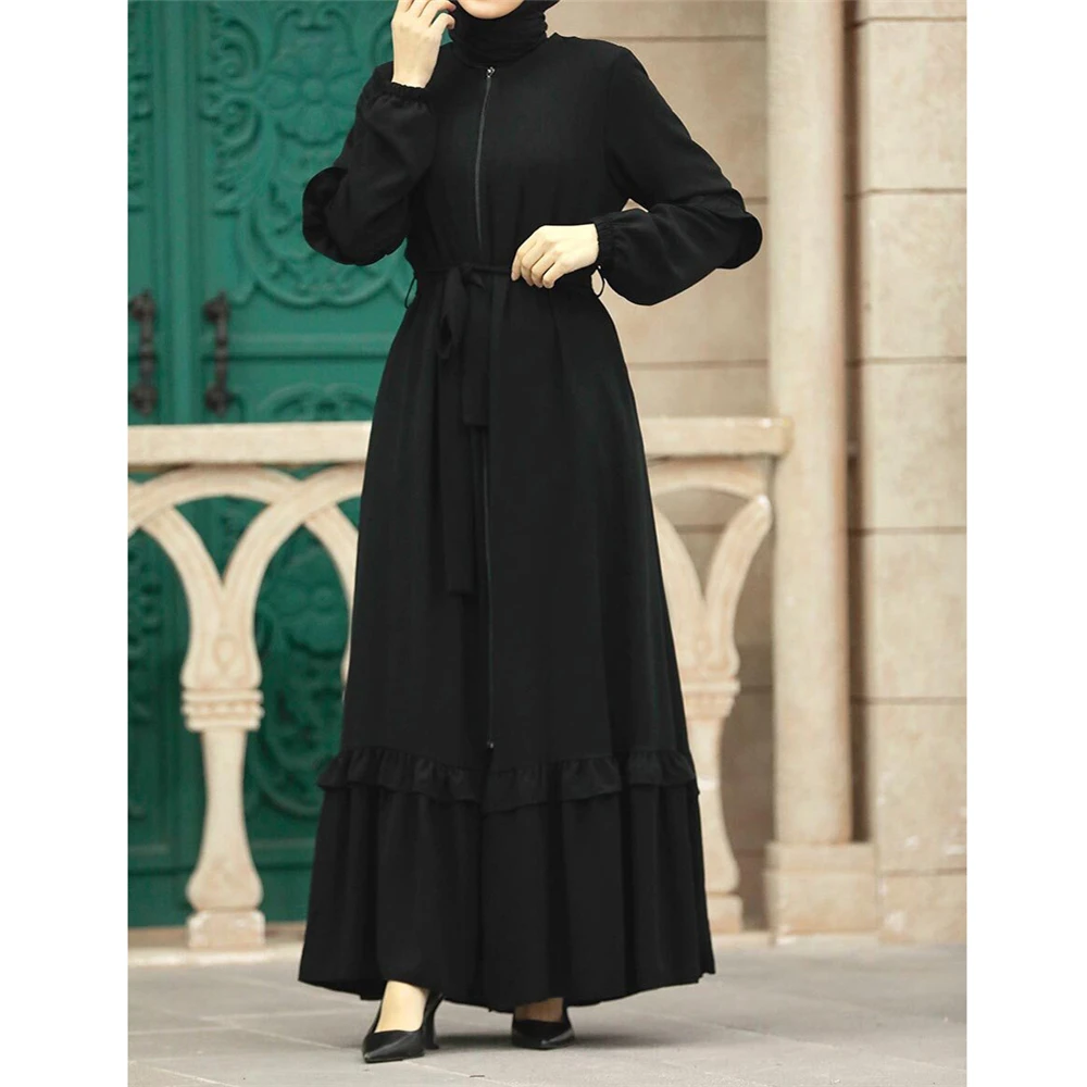 Open Front Zipper Abayas Muslim Women Dubai Saudi Long Maxi Dresses Turkey Arabic Islamic Ramadan Kaftan Robe Jalabiya Vestidos