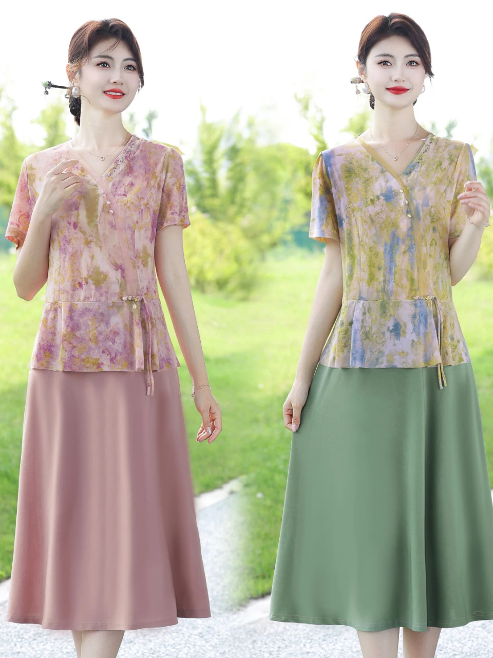 

Elegant Mid-Length Slim Fit Floral Print Dress for Middle-Aged And Elderly Women Breathable Lightweight Polyester Fiber