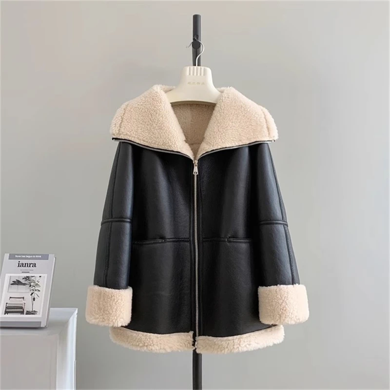 Autumn and winter New women\'s Cashmere collar composite leather jacket y2k high Quality ComfortableWarm Casual HighCollar Jacket