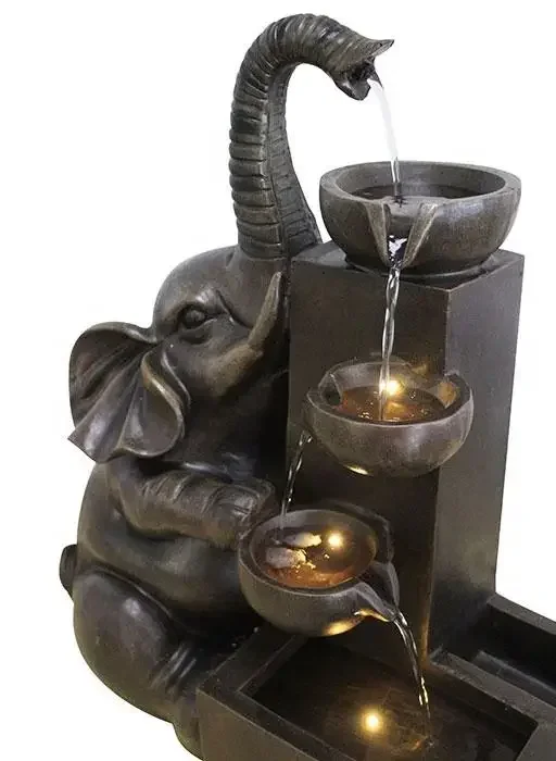 Table Top Garden Elephant sculptures mini tabletop desktop Decoration Solar Water Feature Fountain With Led Light