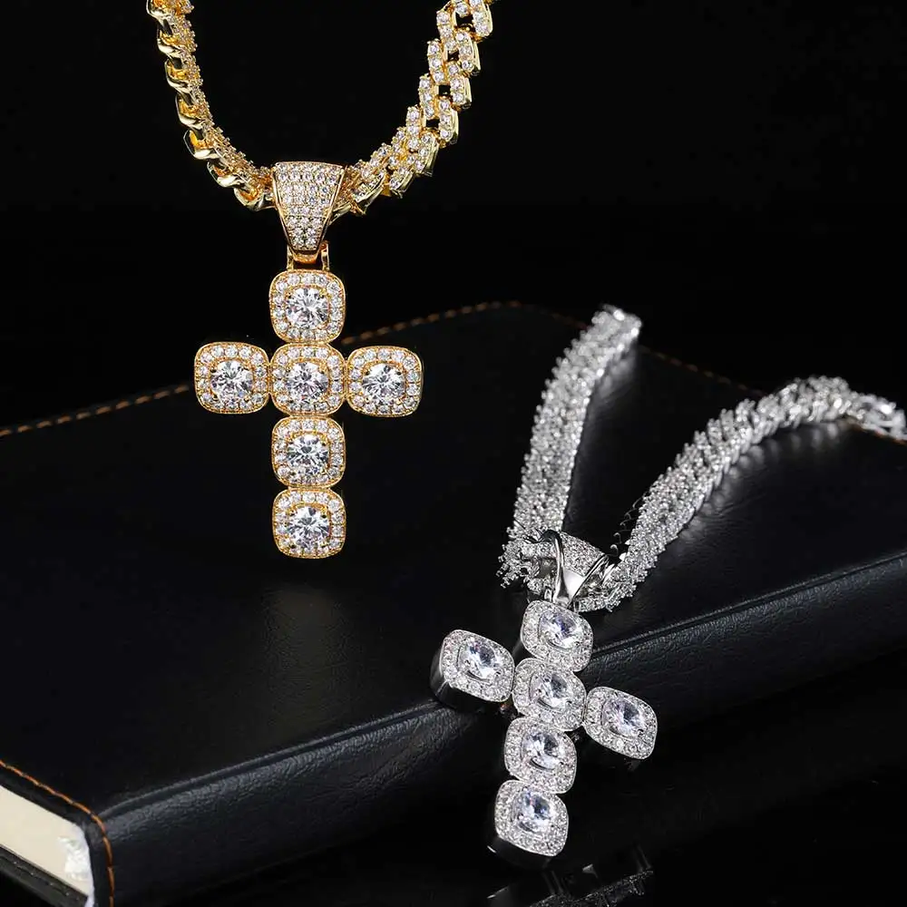 Hot Sale High Quality Oversized Cushion Bling Zircon Cross Pendant  Hip Hop Fancy Large Buckle Necklace For Men Womem